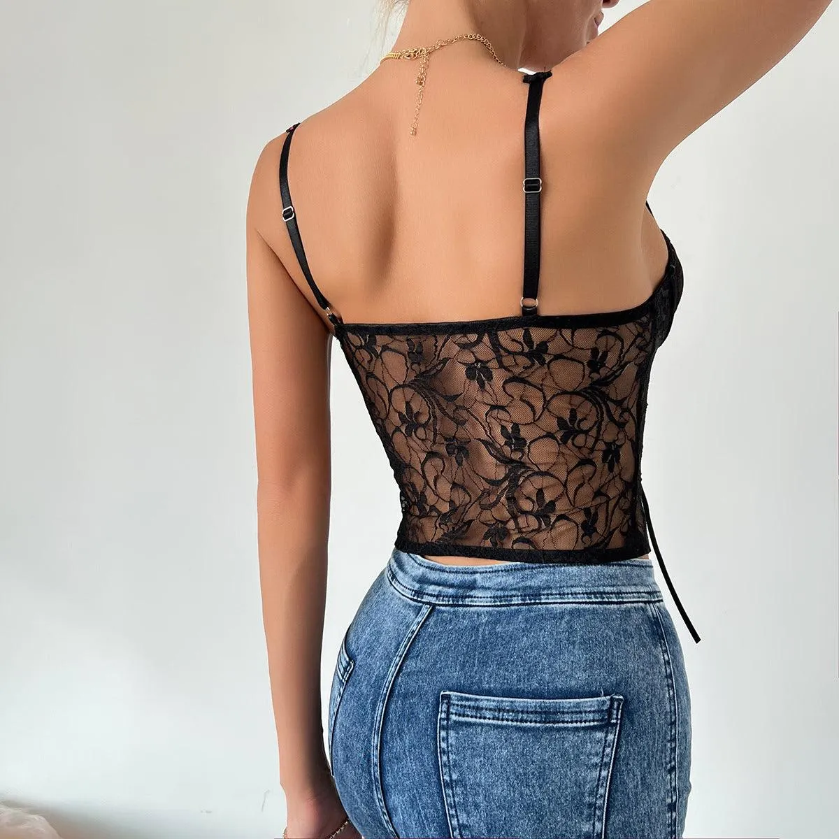 Black and Red Lace Bustier Cami Top