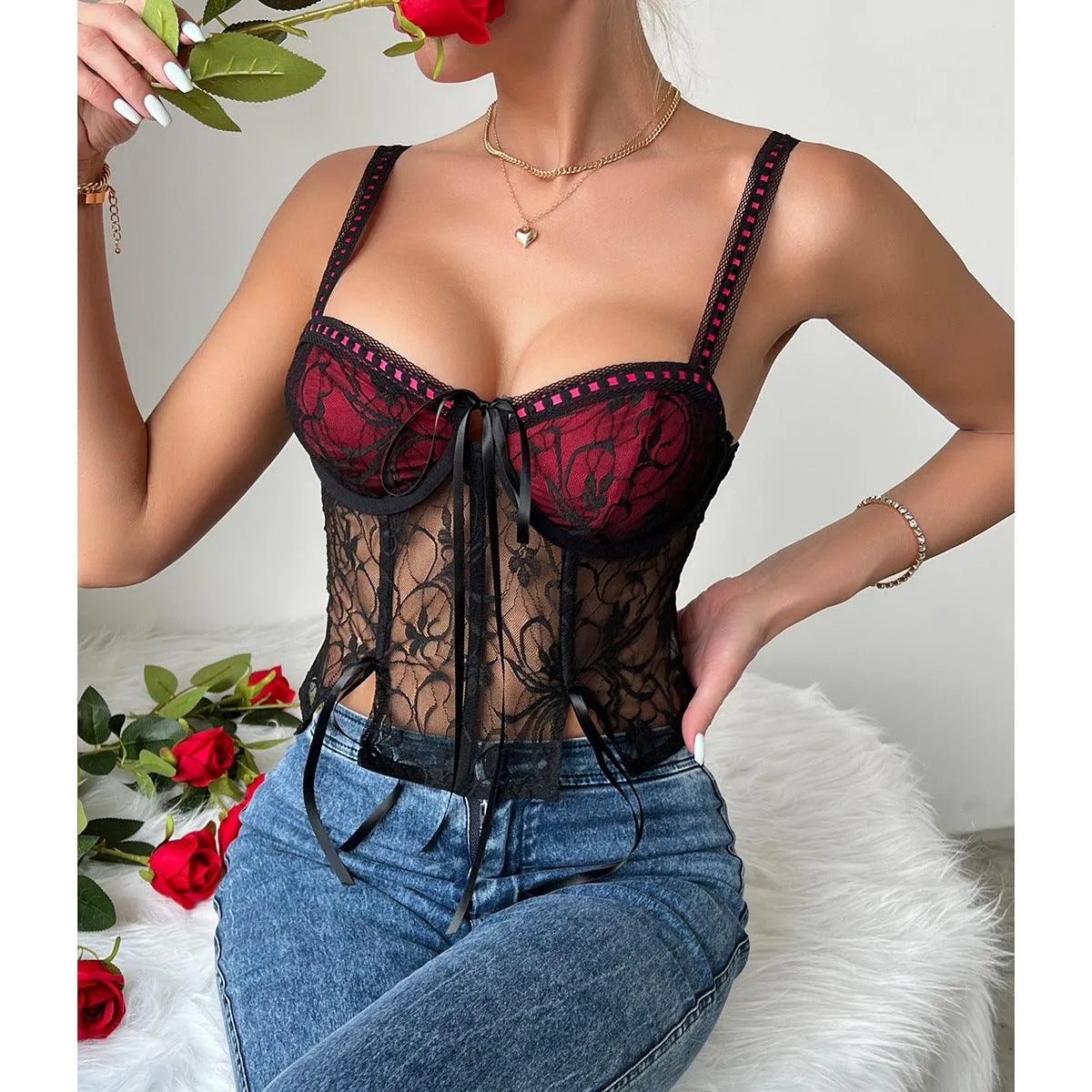 Black and Red Lace Bustier Cami Top