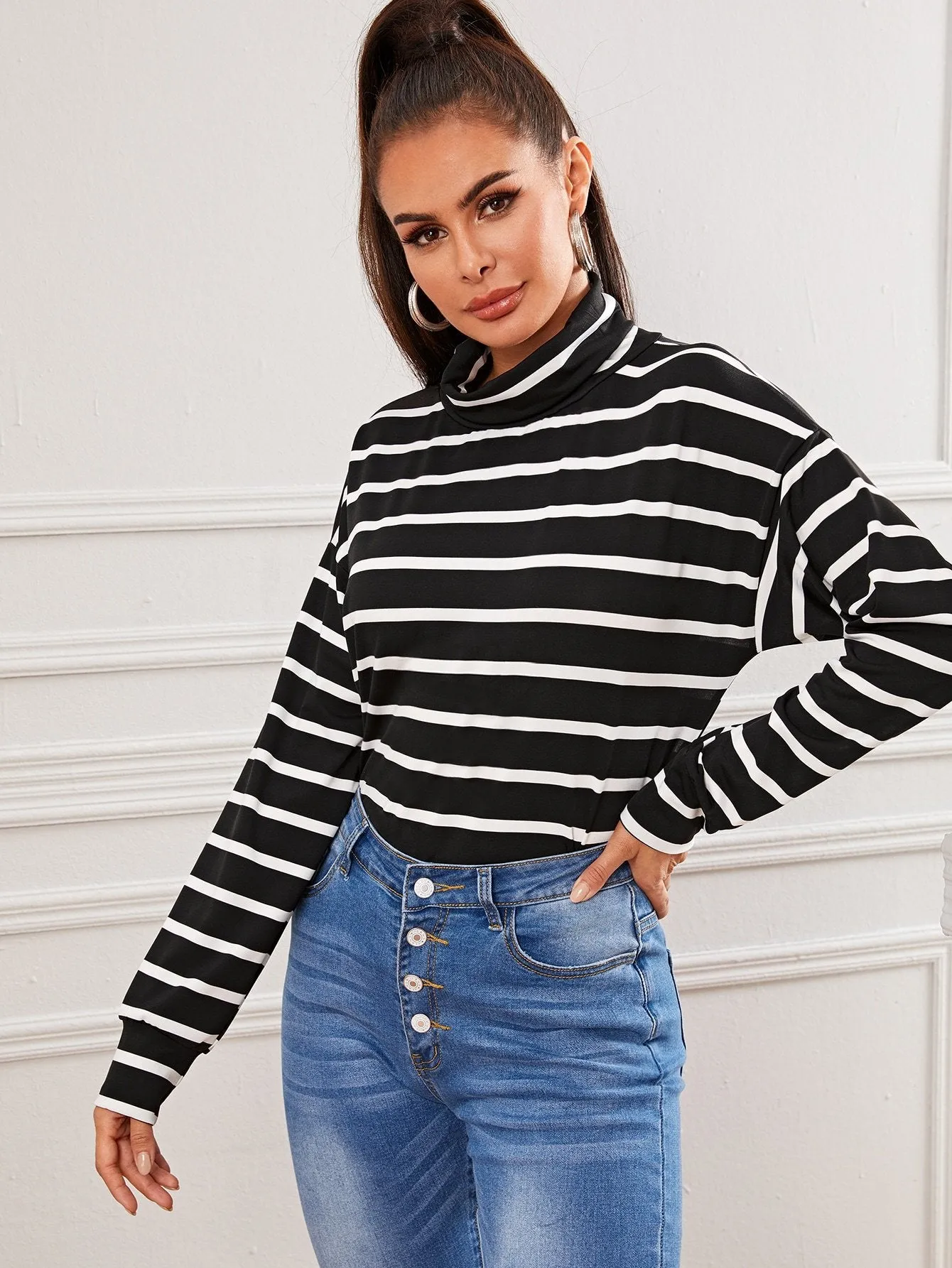 Black And White Striped High Neck Tee