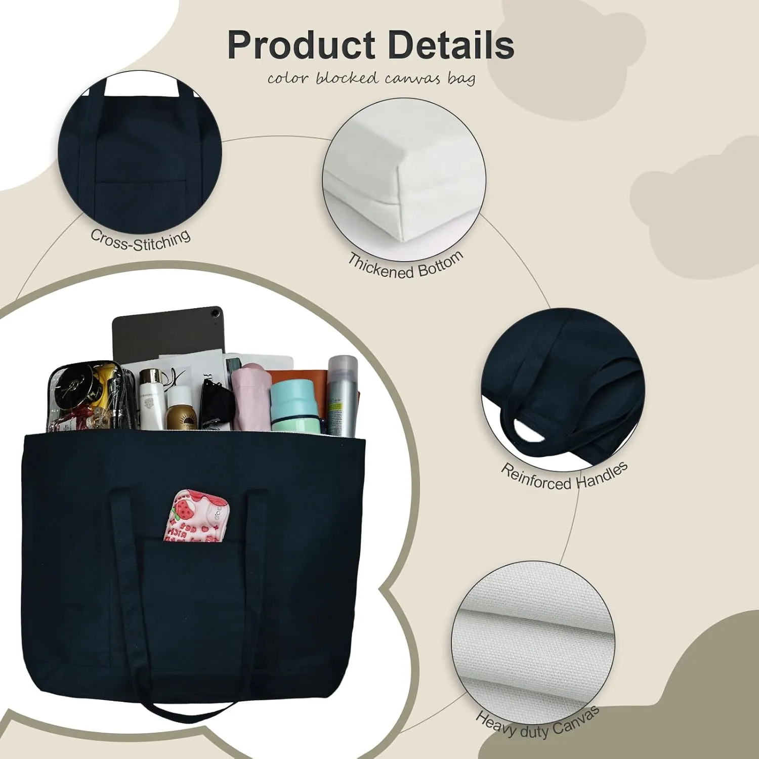 Canvas Tote Bag with External Pocket Extra Large Canvas Tote Bag Heavy Duty Grocery Shopping Bags Weekender Bag