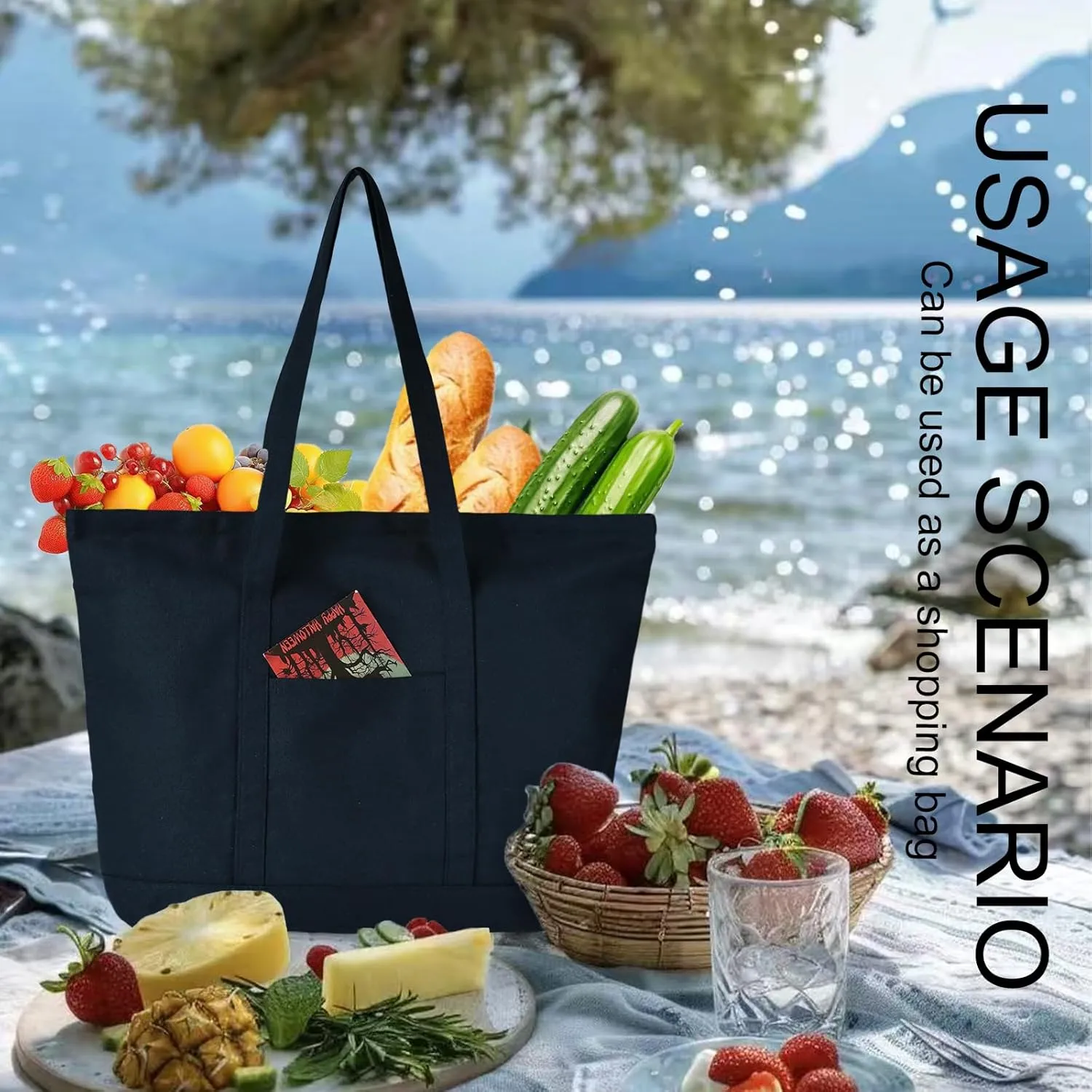 Canvas Tote Bag with External Pocket Extra Large Canvas Tote Bag Heavy Duty Grocery Shopping Bags Weekender Bag