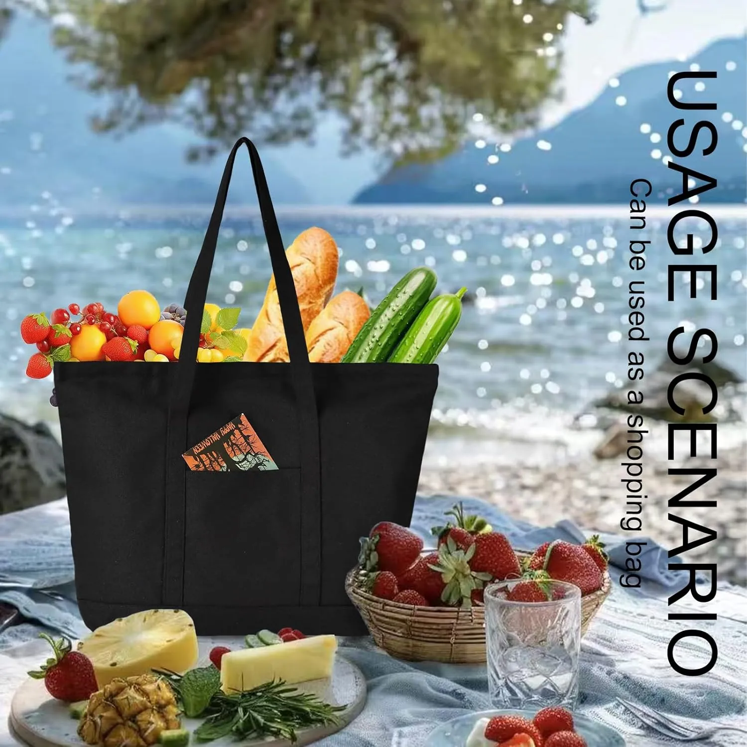 Canvas Tote Bag with External Pocket Extra Large Canvas Tote Bag Heavy Duty Grocery Shopping Bags Weekender Bag