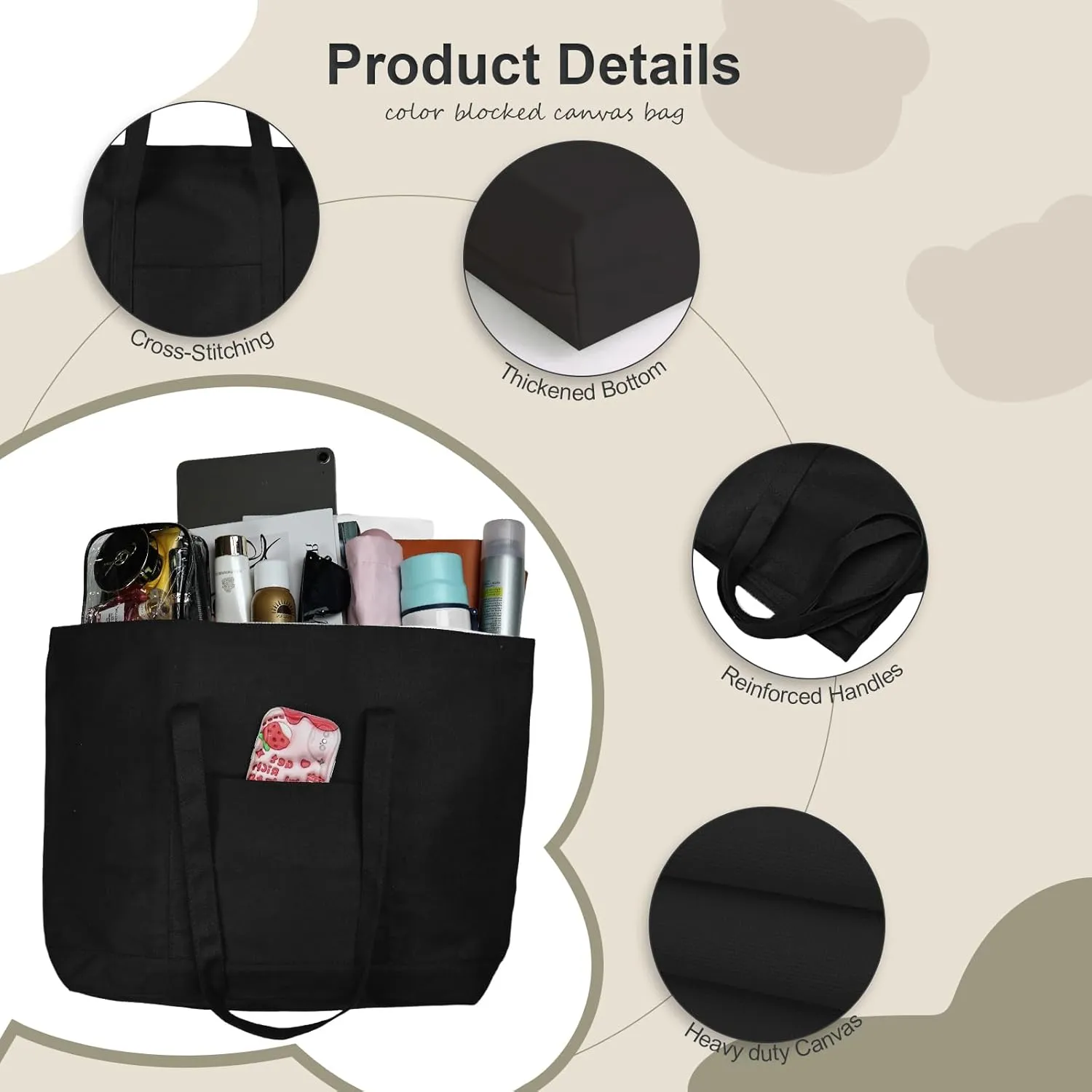 Canvas Tote Bag with External Pocket Extra Large Canvas Tote Bag Heavy Duty Grocery Shopping Bags Weekender Bag