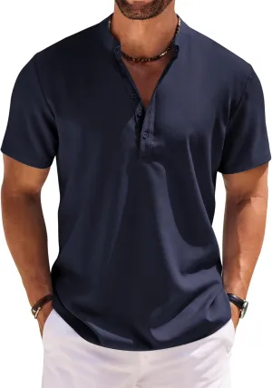 COOFANDY Men's Short Sleeve Henley Shirts Casual Collarless Shirt Band Collar Henley Summer Beach Henley T-Shirt