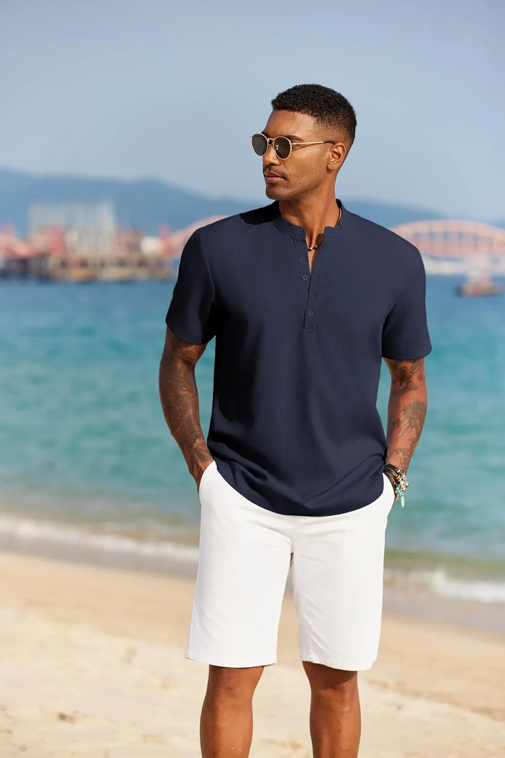 COOFANDY Men's Short Sleeve Henley Shirts Casual Collarless Shirt Band Collar Henley Summer Beach Henley T-Shirt