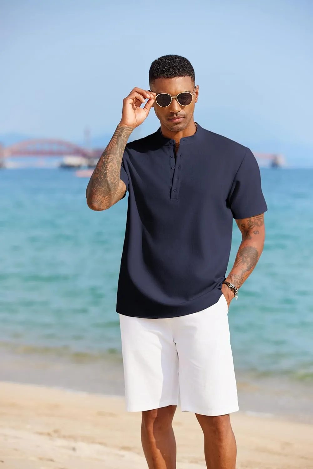 COOFANDY Men's Short Sleeve Henley Shirts Casual Collarless Shirt Band Collar Henley Summer Beach Henley T-Shirt