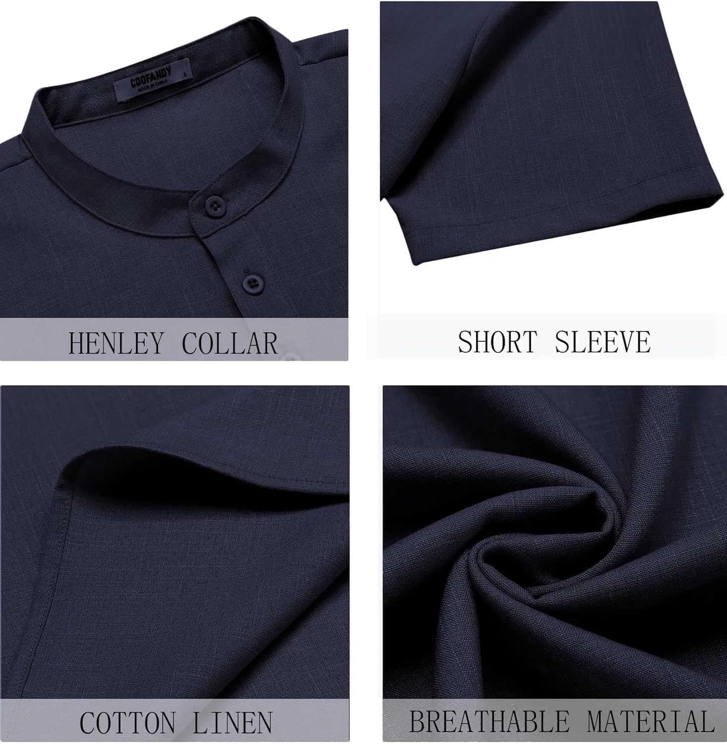 COOFANDY Men's Short Sleeve Henley Shirts Casual Collarless Shirt Band Collar Henley Summer Beach Henley T-Shirt