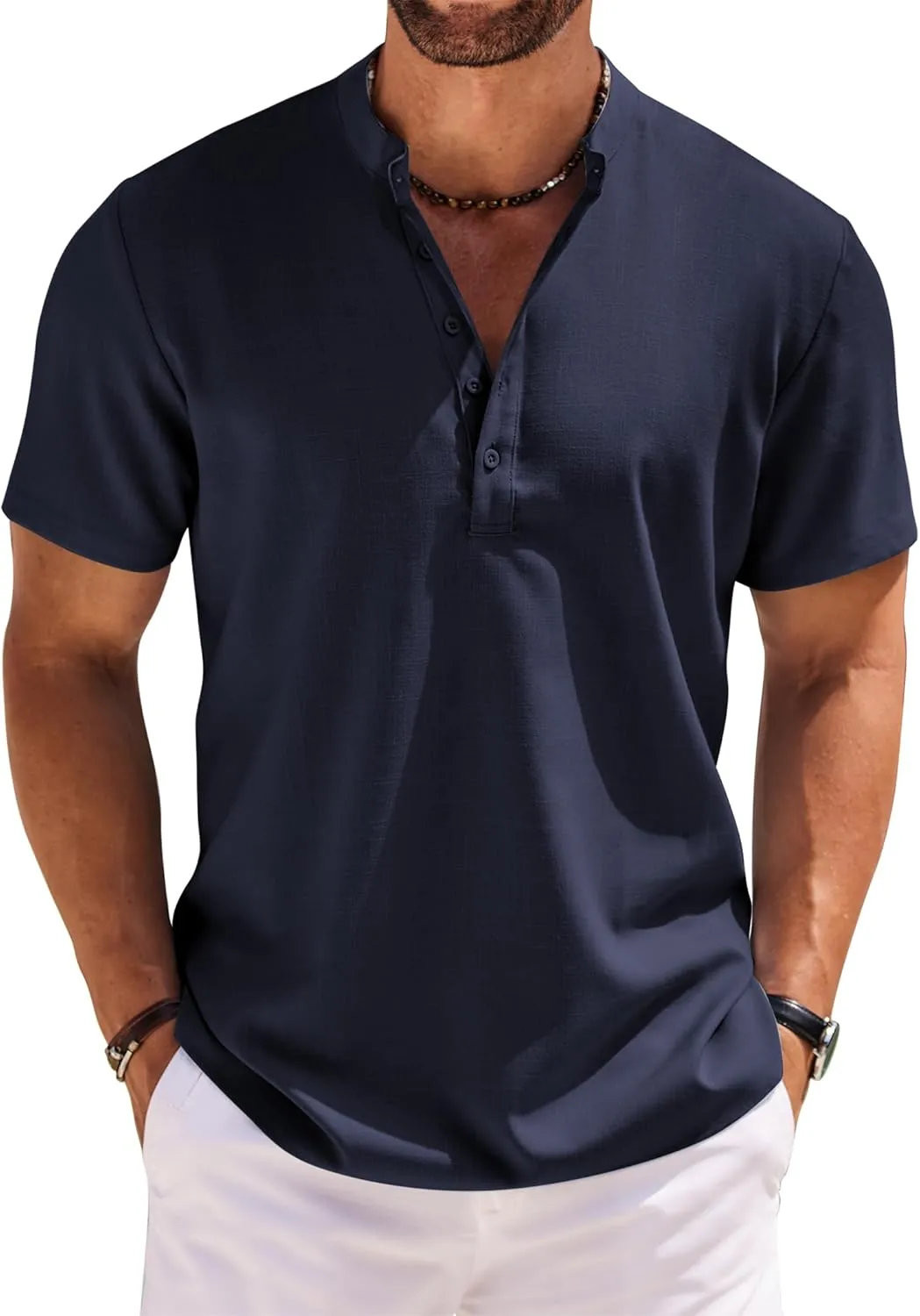 COOFANDY Men's Short Sleeve Henley Shirts Casual Collarless Shirt Band Collar Henley Summer Beach Henley T-Shirt