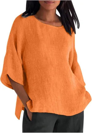 Crewneck Linen Tops for Women 2025 Summer Casual T Shirts Loose Short Sleeve Cotton and Linen Blouses Tee