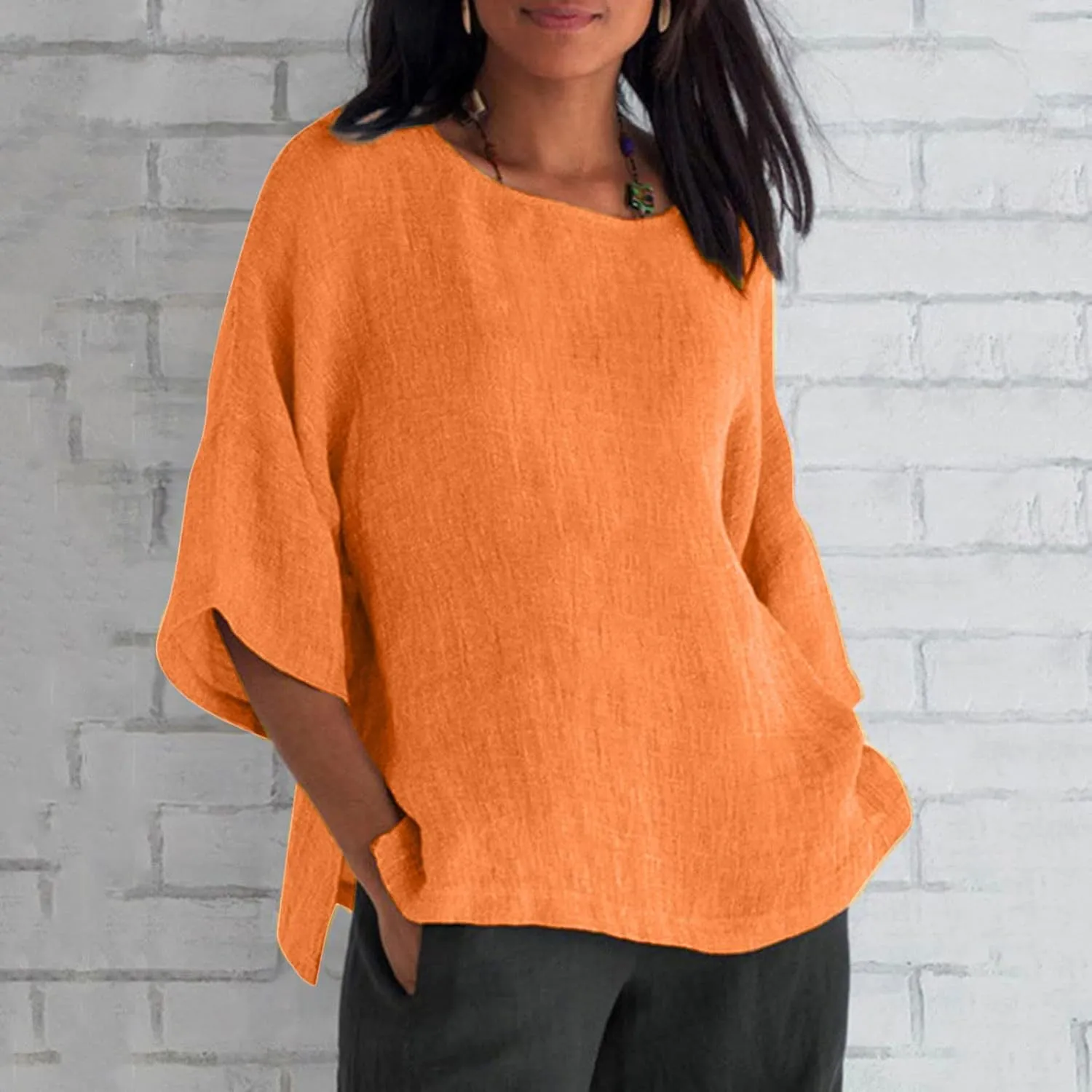 Crewneck Linen Tops for Women 2025 Summer Casual T Shirts Loose Short Sleeve Cotton and Linen Blouses Tee