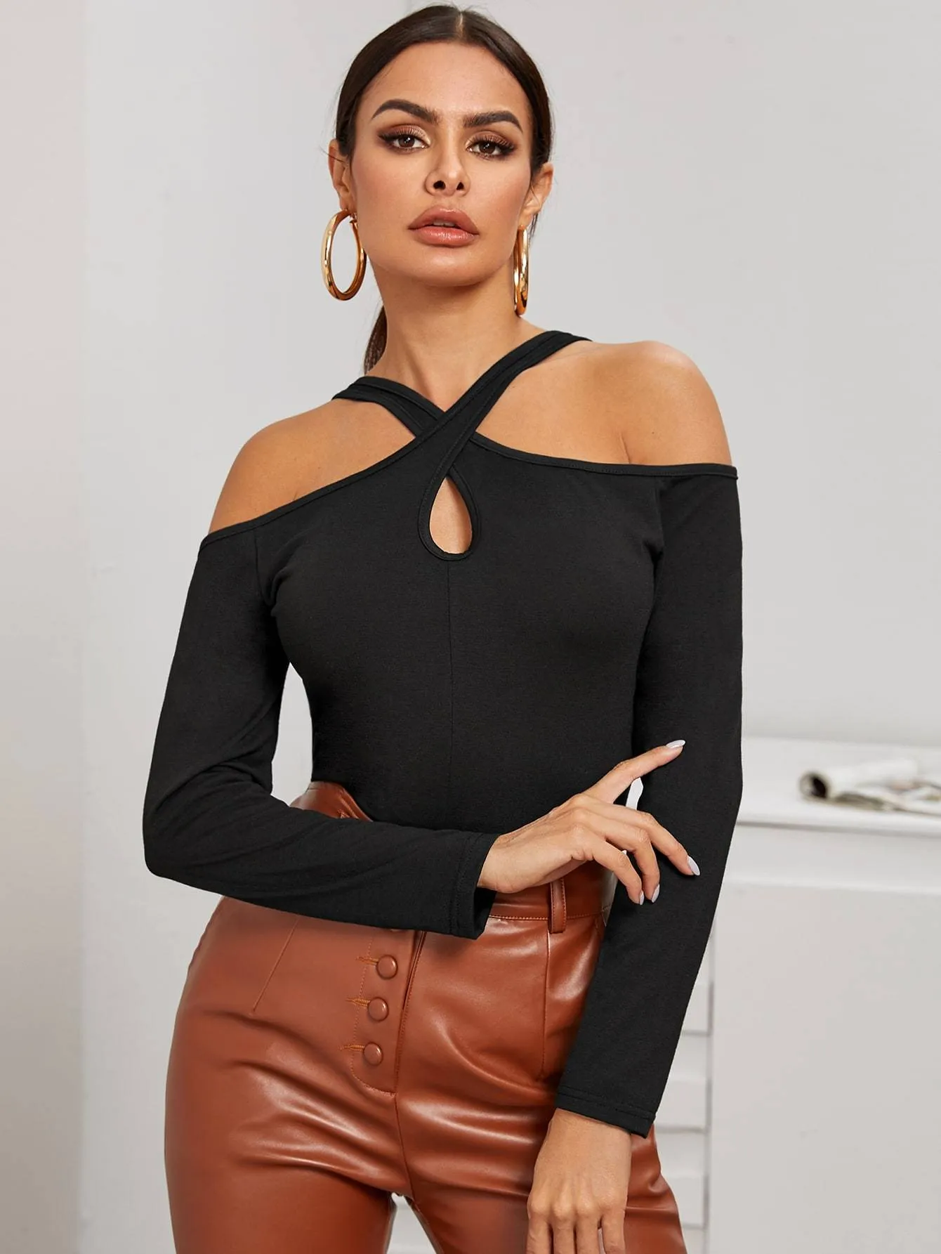 Criss Cross Asymmetrical Neck Fitted Tee