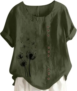 Ladies Blouses Summer Linen Shirts Plus Size Tops for Women Cute Dandelion Graphic Tees Casual Round Neck Pullover