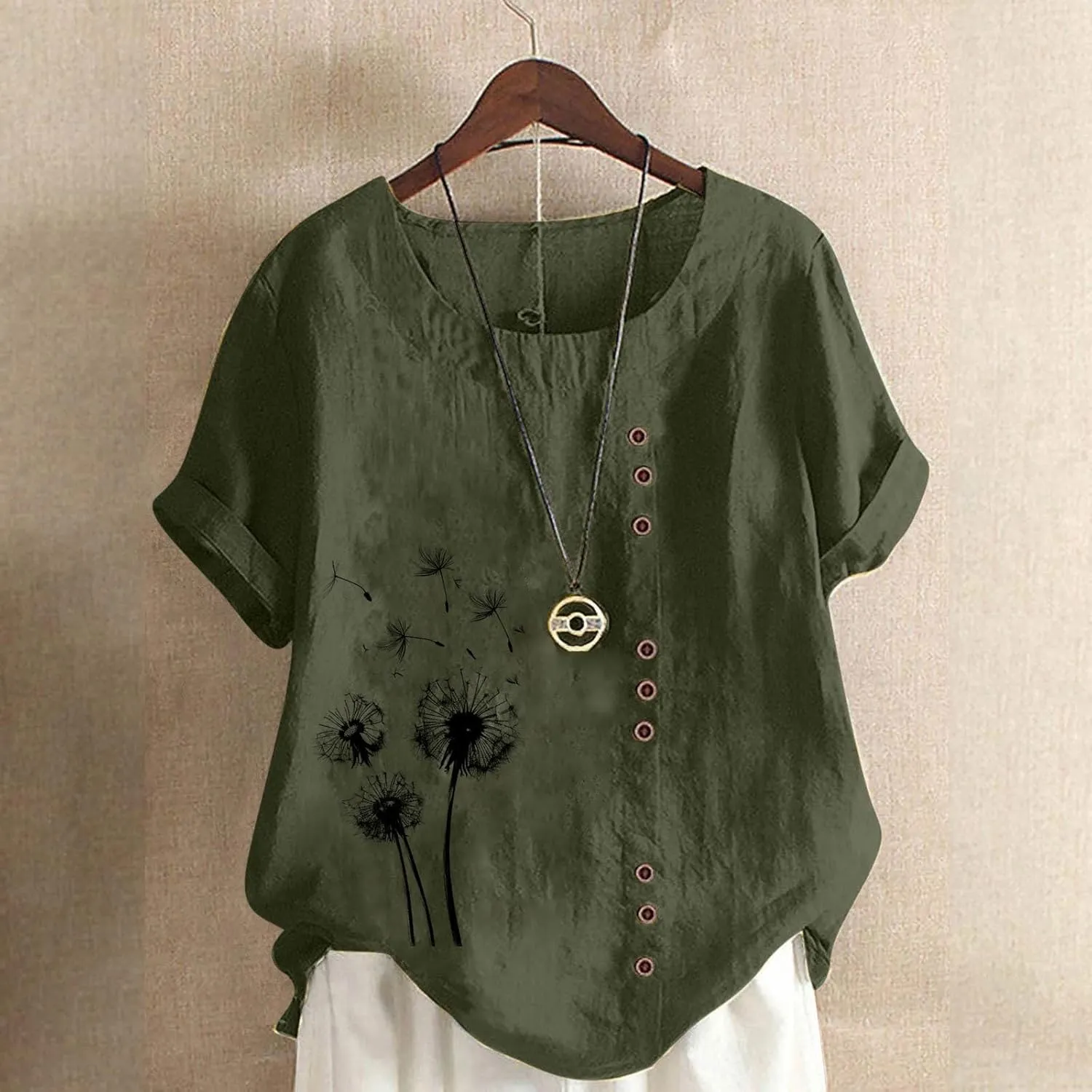 Ladies Blouses Summer Linen Shirts Plus Size Tops for Women Cute Dandelion Graphic Tees Casual Round Neck Pullover