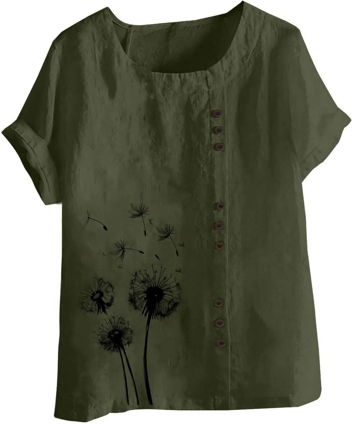 Ladies Blouses Summer Linen Shirts Plus Size Tops for Women Cute Dandelion Graphic Tees Casual Round Neck Pullover