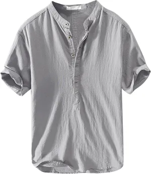 Linen Shirts for Men Button Down Linen Short Sleeve Casual Tunic Vacation Loose Lightweight Tank Top Regular Fit