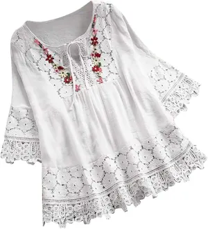 Linen Shirts for Women 3/4 Sleeve Tops Oversized Cotton Tee Shirts Embroidered Floral Lace V Neck T-Shirt Summer Trendy