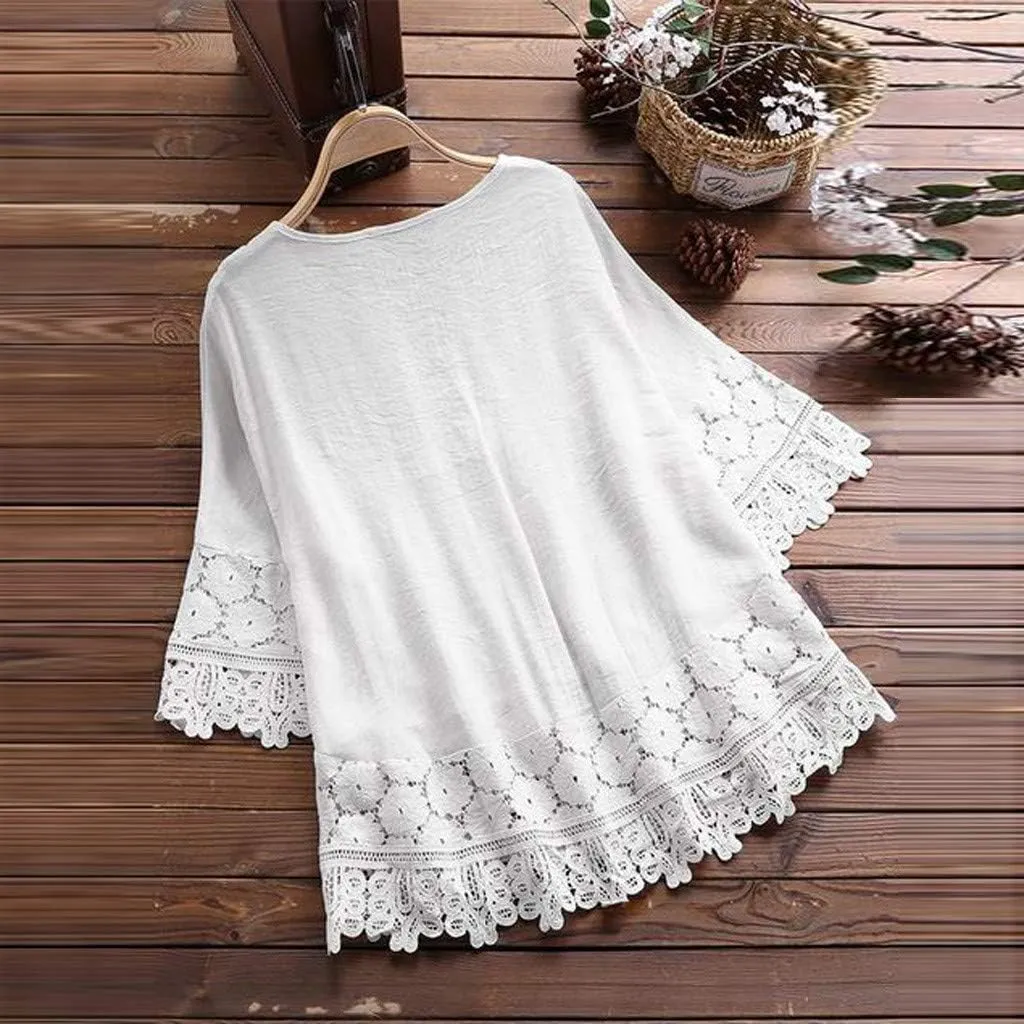 Linen Shirts for Women 3/4 Sleeve Tops Oversized Cotton Tee Shirts Embroidered Floral Lace V Neck T-Shirt Summer Trendy