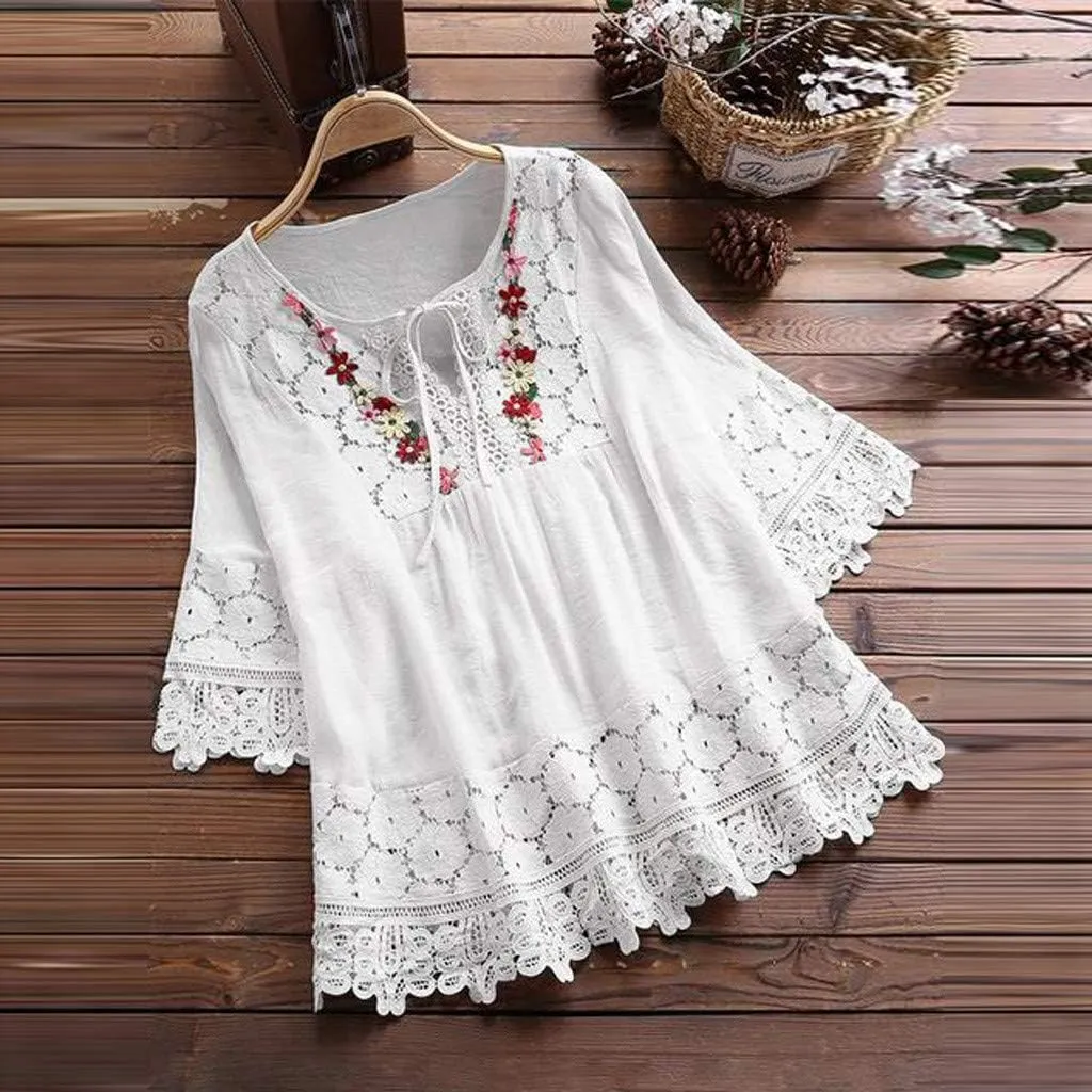 Linen Shirts for Women 3/4 Sleeve Tops Oversized Cotton Tee Shirts Embroidered Floral Lace V Neck T-Shirt Summer Trendy