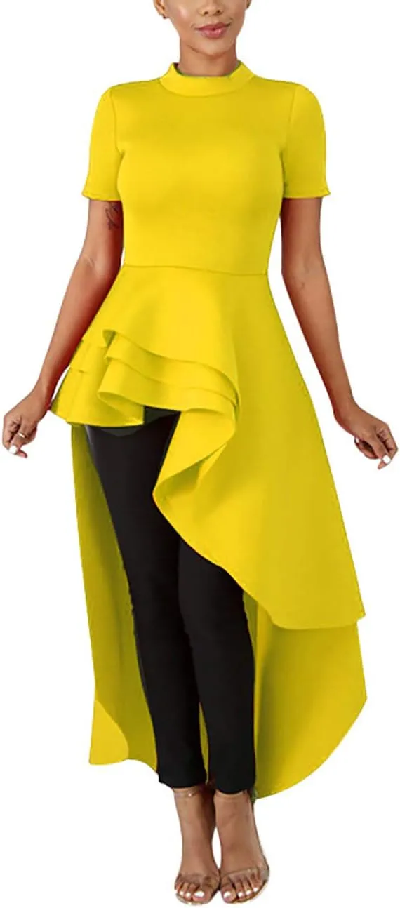 Lrady Womens Casual Shirt Dress High Low Irregular Ruffle Hem Blouse Asymmetrical Peplum Long Tunic Tops