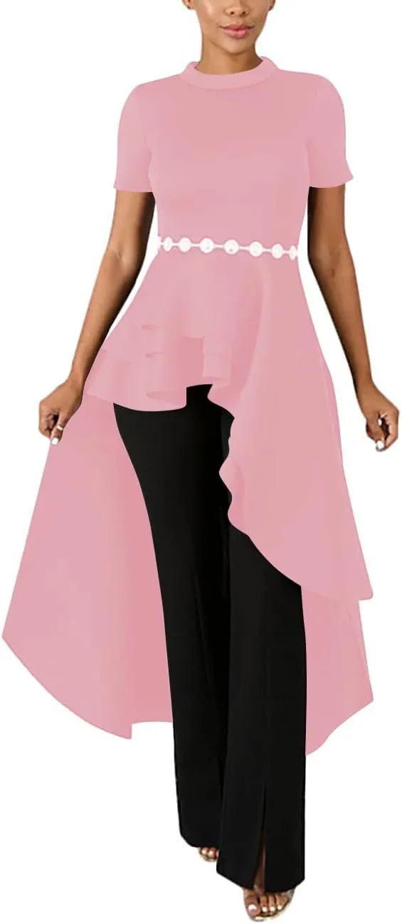 Lrady Womens Casual Shirt Dress High Low Irregular Ruffle Hem Blouse Asymmetrical Peplum Long Tunic Tops
