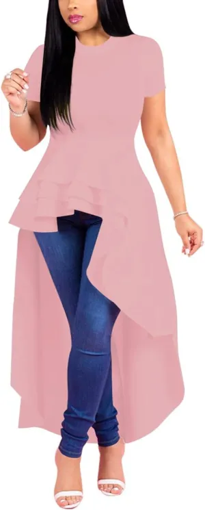 Lrady Womens Casual Shirt Dress High Low Irregular Ruffle Hem Blouse Asymmetrical Peplum Long Tunic Tops