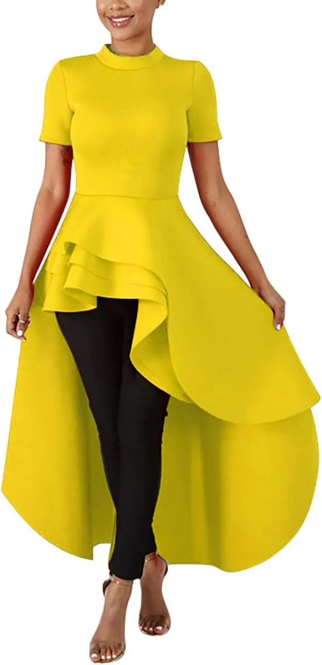 Lrady Womens Casual Shirt Dress High Low Irregular Ruffle Hem Blouse Asymmetrical Peplum Long Tunic Tops
