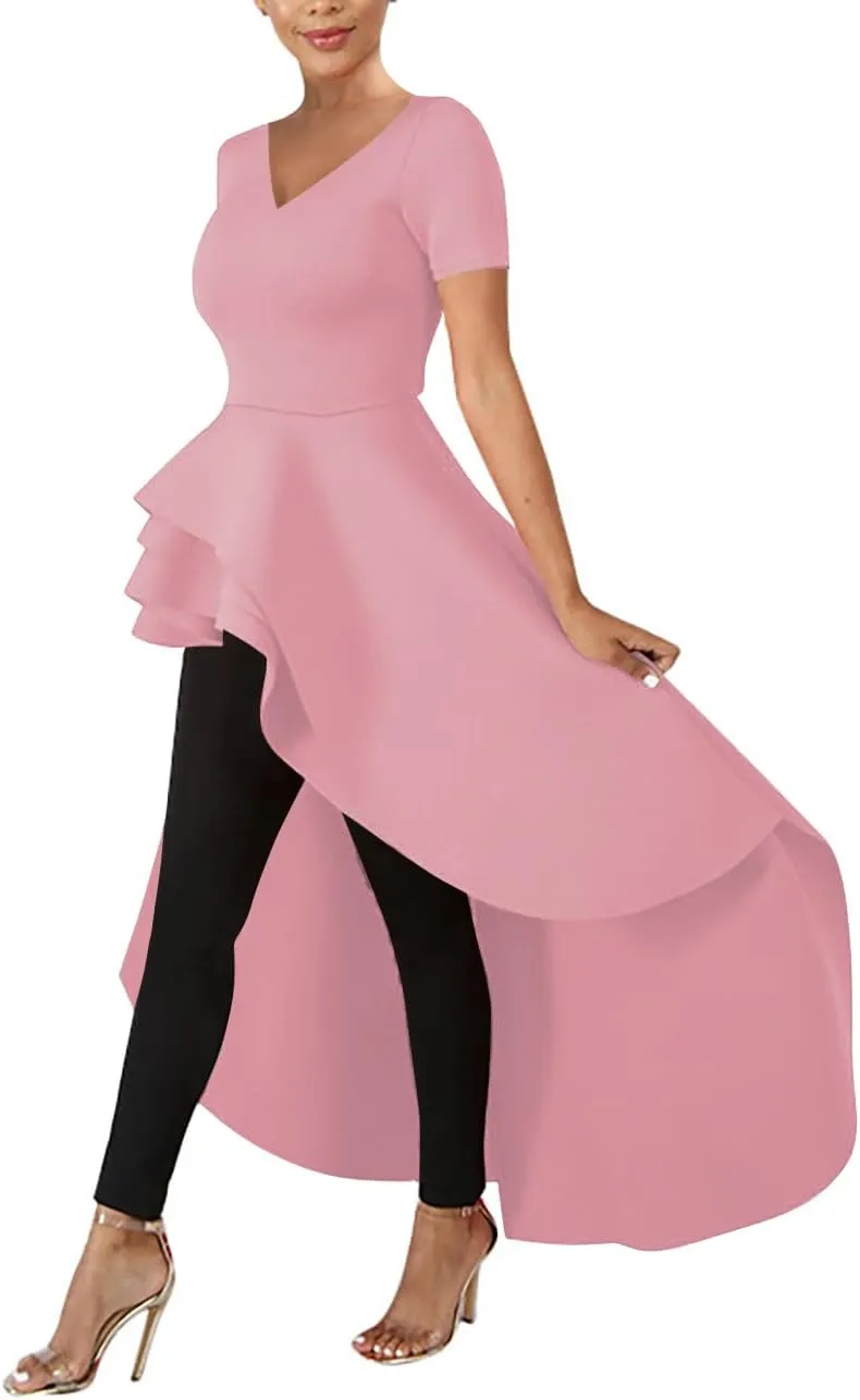 Lrady Womens V Neck Short Sleeve High Low Cocktail Party Dresses Peplum Tunic Tops Shirt Dress