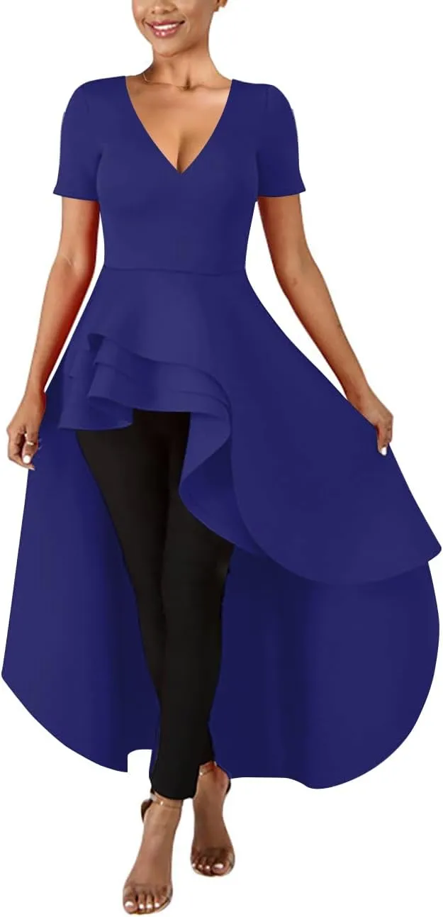 Lrady Womens V Neck Short Sleeve High Low Cocktail Party Dresses Peplum Tunic Tops Shirt Dress
