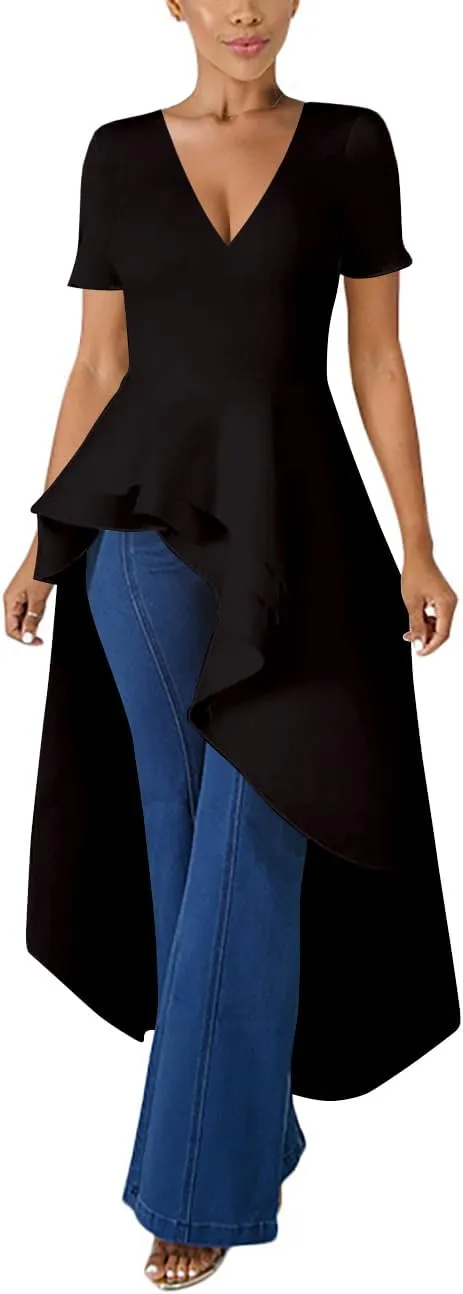 Lrady Womens V Neck Short Sleeve High Low Cocktail Party Dresses Peplum Tunic Tops Shirt Dress