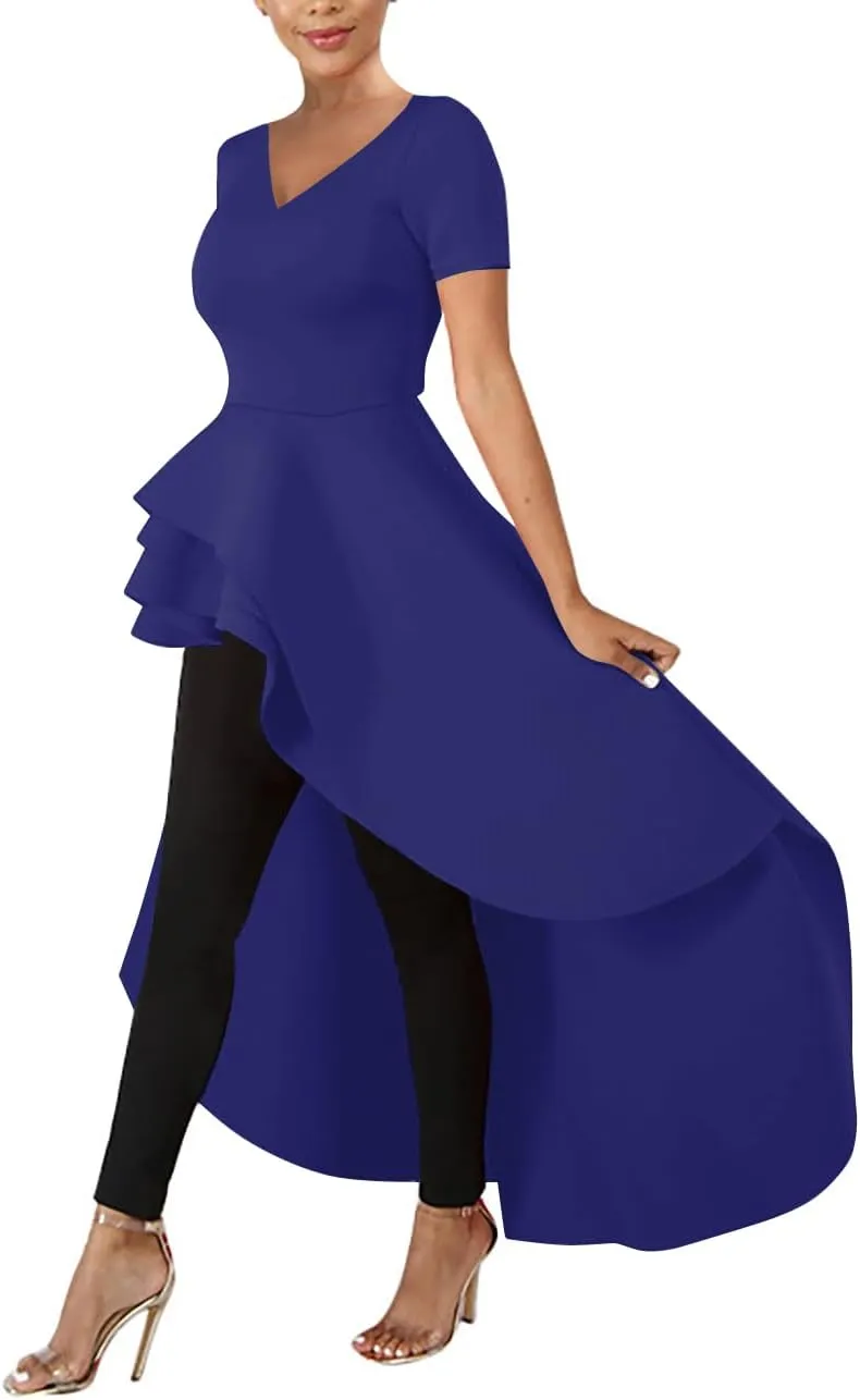 Lrady Womens V Neck Short Sleeve High Low Cocktail Party Dresses Peplum Tunic Tops Shirt Dress