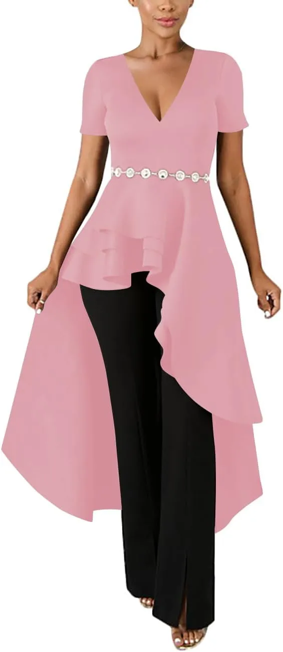 Lrady Womens V Neck Short Sleeve High Low Cocktail Party Dresses Peplum Tunic Tops Shirt Dress