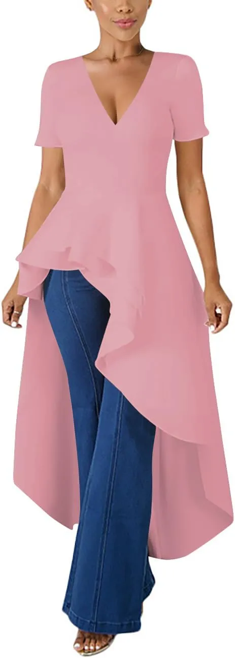 Lrady Womens V Neck Short Sleeve High Low Cocktail Party Dresses Peplum Tunic Tops Shirt Dress