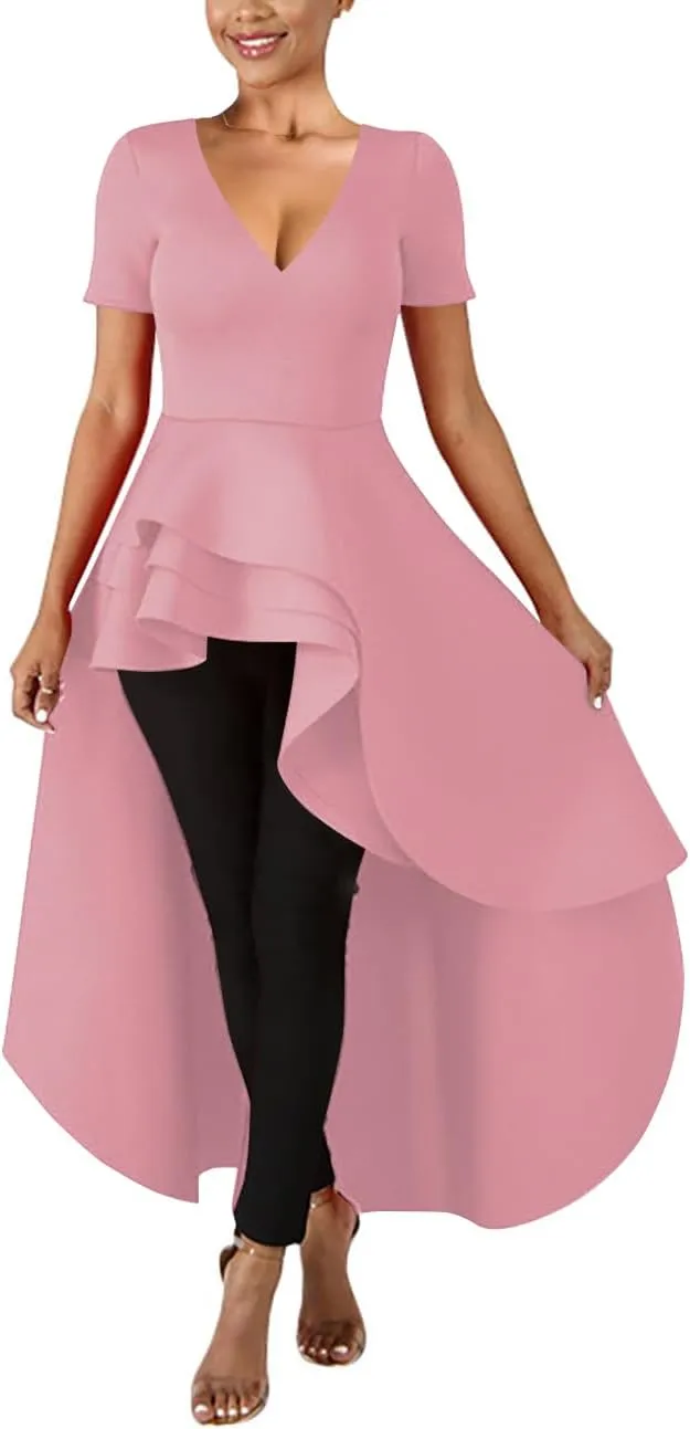 Lrady Womens V Neck Short Sleeve High Low Cocktail Party Dresses Peplum Tunic Tops Shirt Dress