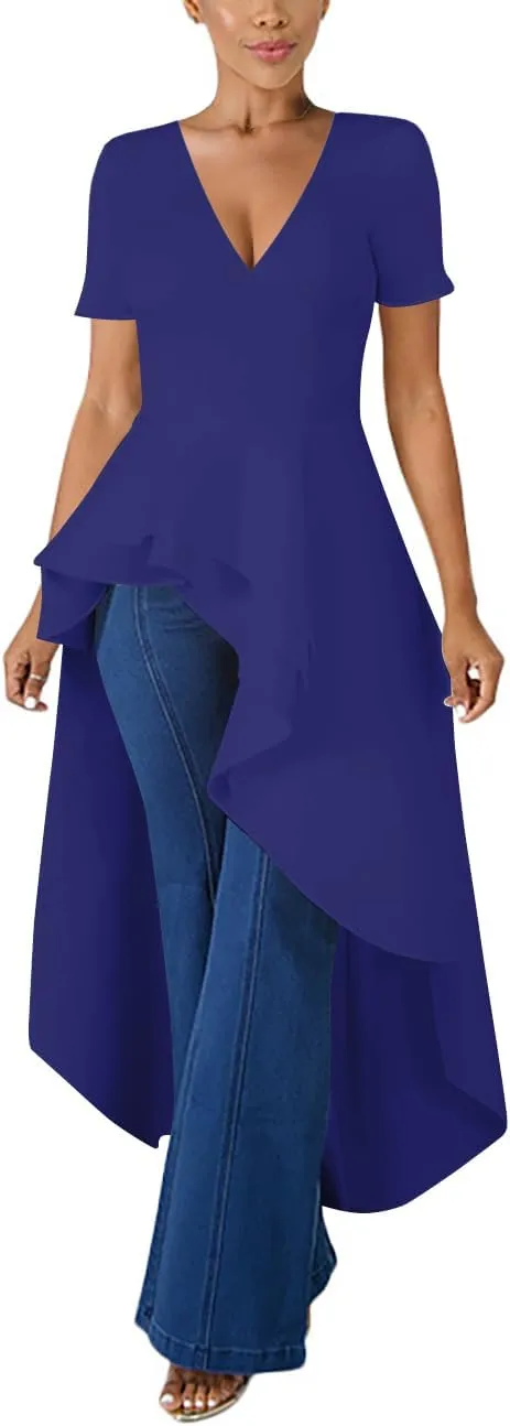 Lrady Womens V Neck Short Sleeve High Low Cocktail Party Dresses Peplum Tunic Tops Shirt Dress