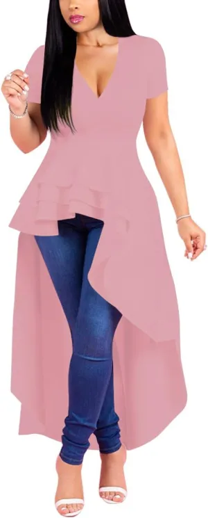 Lrady Womens V Neck Short Sleeve High Low Cocktail Party Dresses Peplum Tunic Tops Shirt Dress