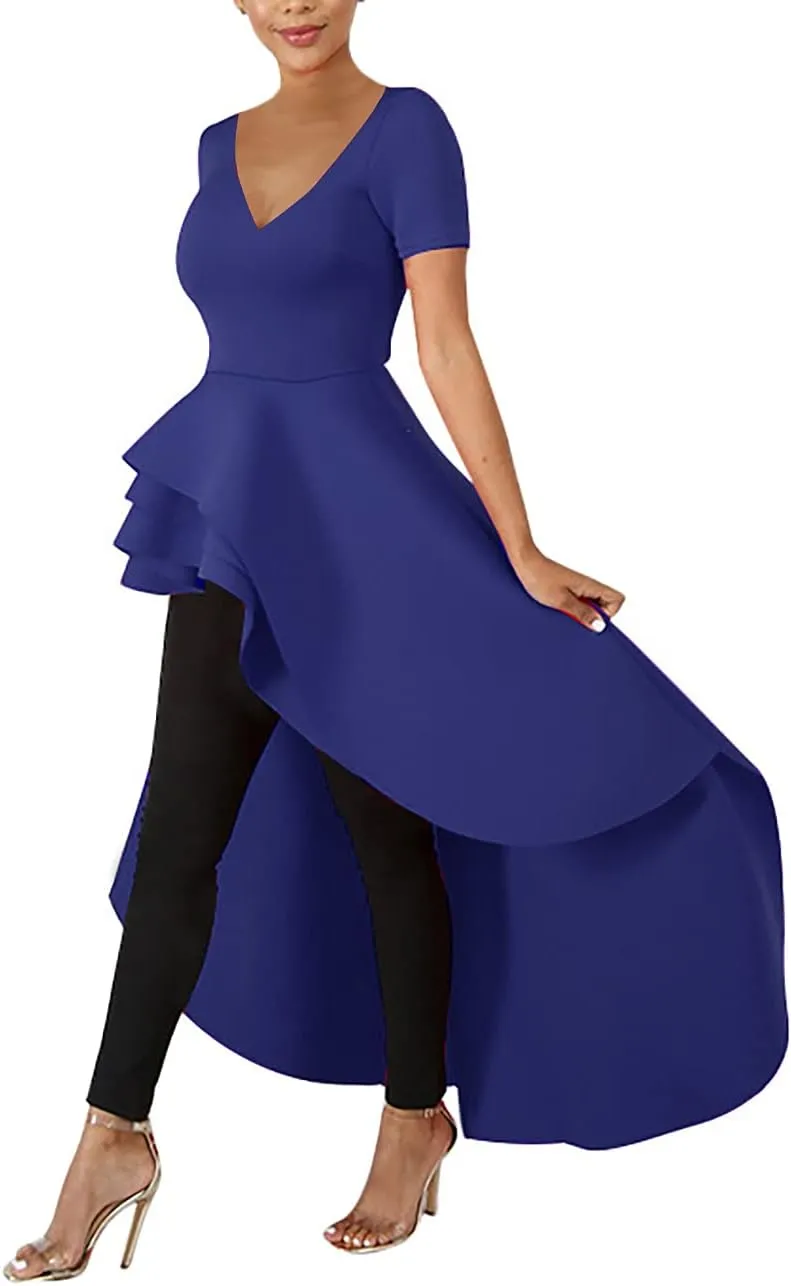 Lrady Womens V Neck Short Sleeve High Low Cocktail Party Dresses Peplum Tunic Tops Shirt Dress