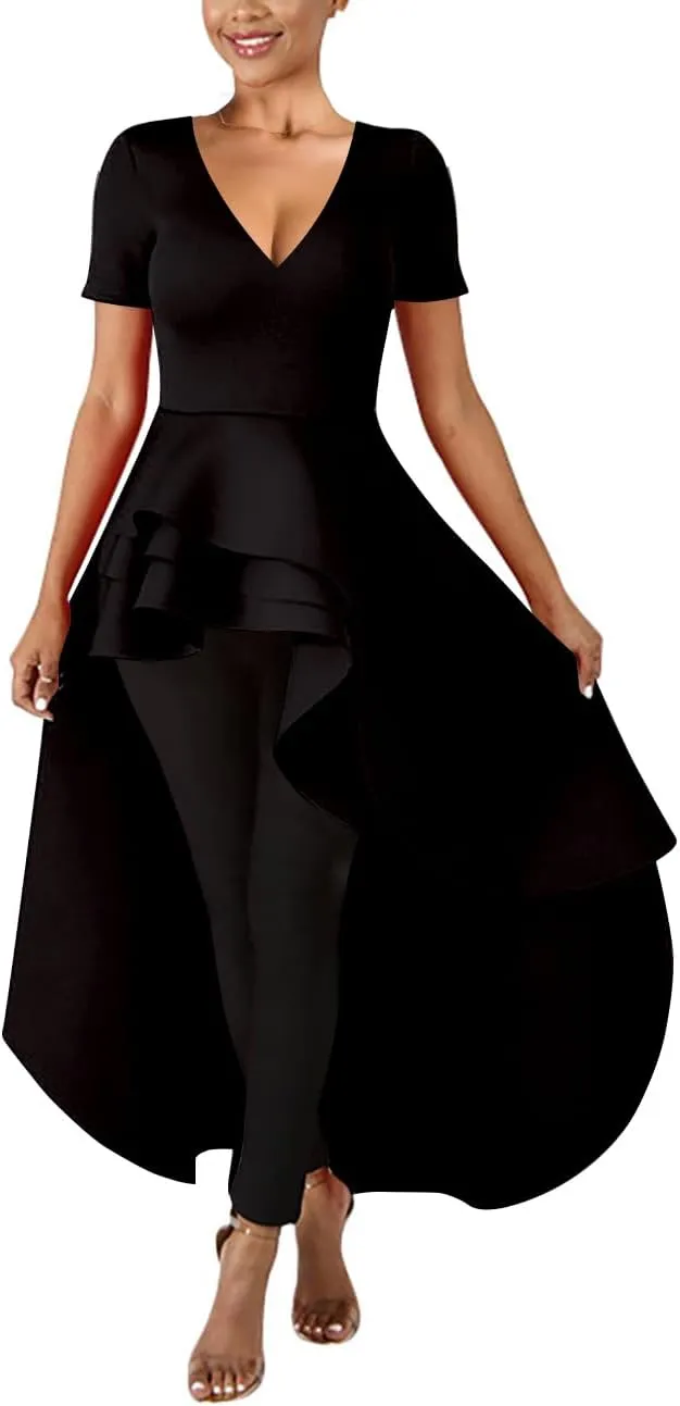 Lrady Womens V Neck Short Sleeve High Low Cocktail Party Dresses Peplum Tunic Tops Shirt Dress