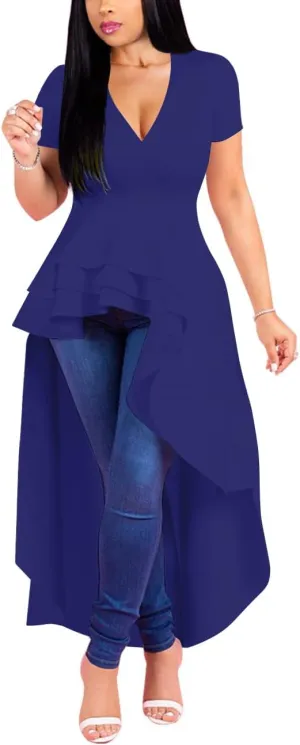 Lrady Womens V Neck Short Sleeve High Low Cocktail Party Dresses Peplum Tunic Tops Shirt Dress