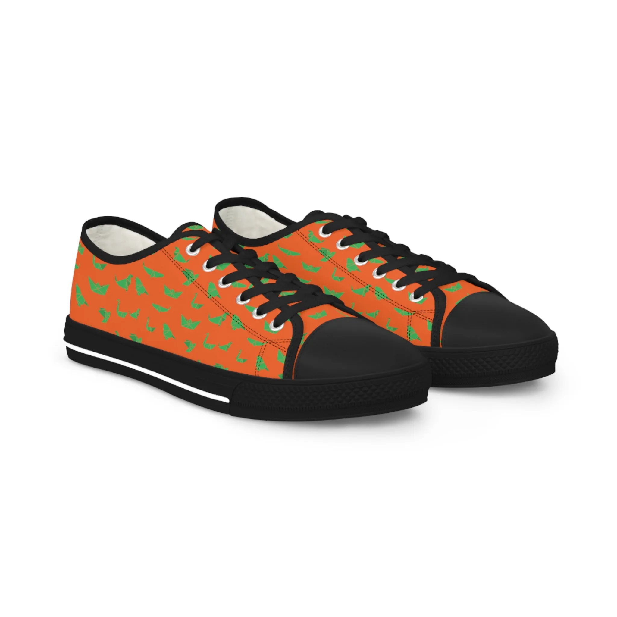 Orange Crane Print Men's Sneakers, Green and Orange Japanese Crane Print Men's Low Top Sneaker Shoes (US Size: 5-14)