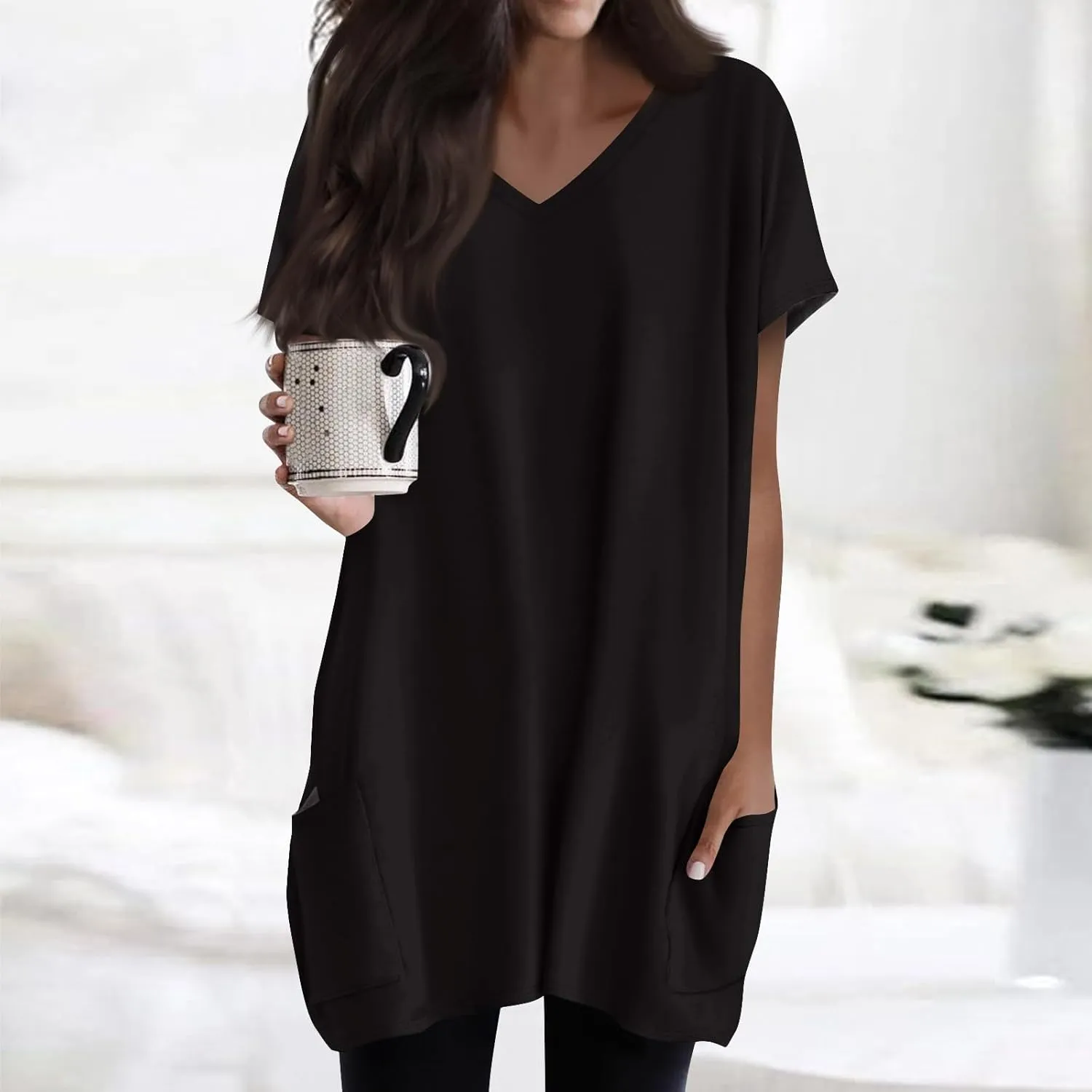 Women Tunic Tops Spring V Neck Short Sleeve Shirts With Pockets Plus Size Tops For Leggings Basic Blouses