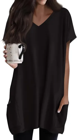 Women Tunic Tops Spring V Neck Short Sleeve Shirts With Pockets Plus Size Tops For Leggings Basic Blouses