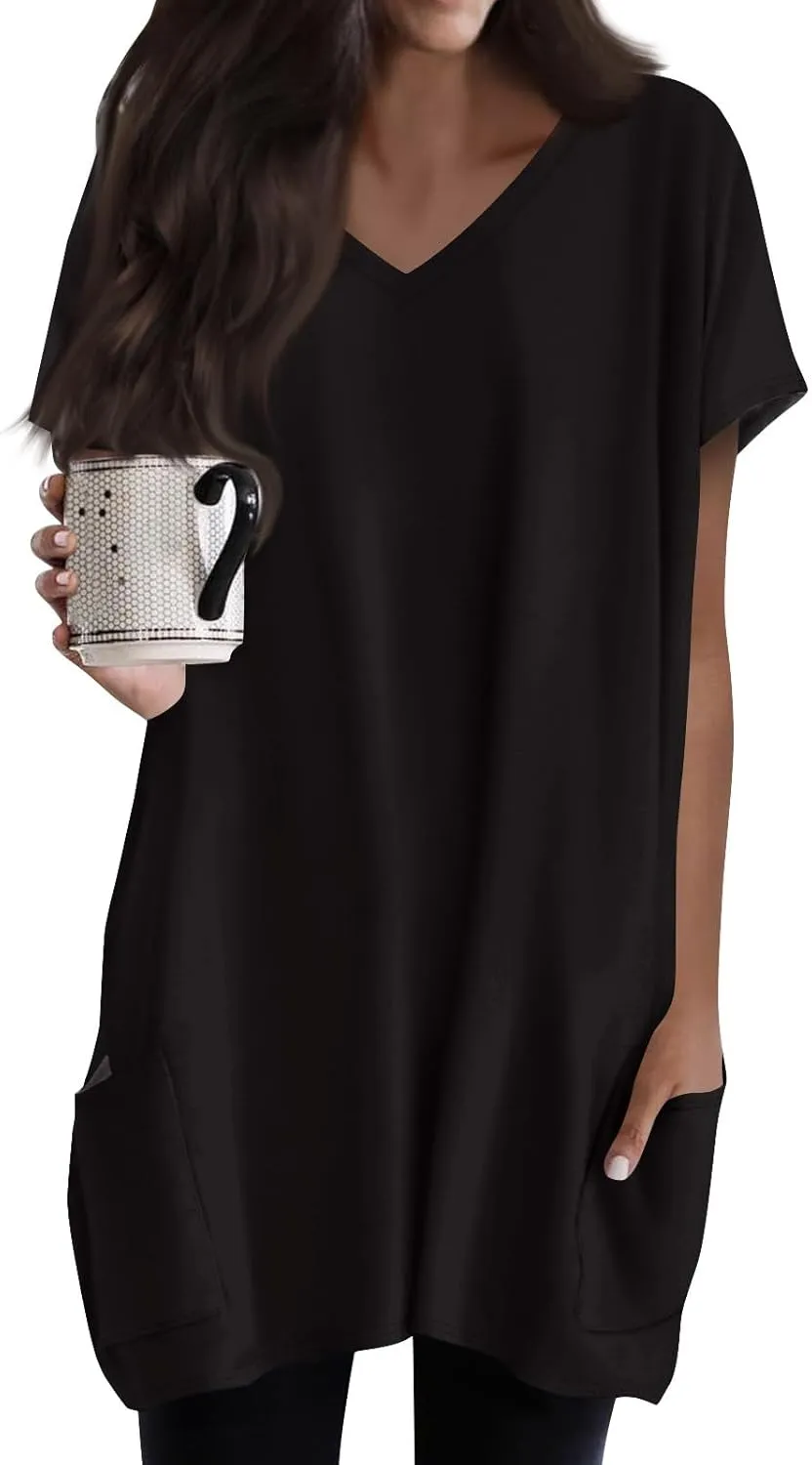 Women Tunic Tops Spring V Neck Short Sleeve Shirts With Pockets Plus Size Tops For Leggings Basic Blouses