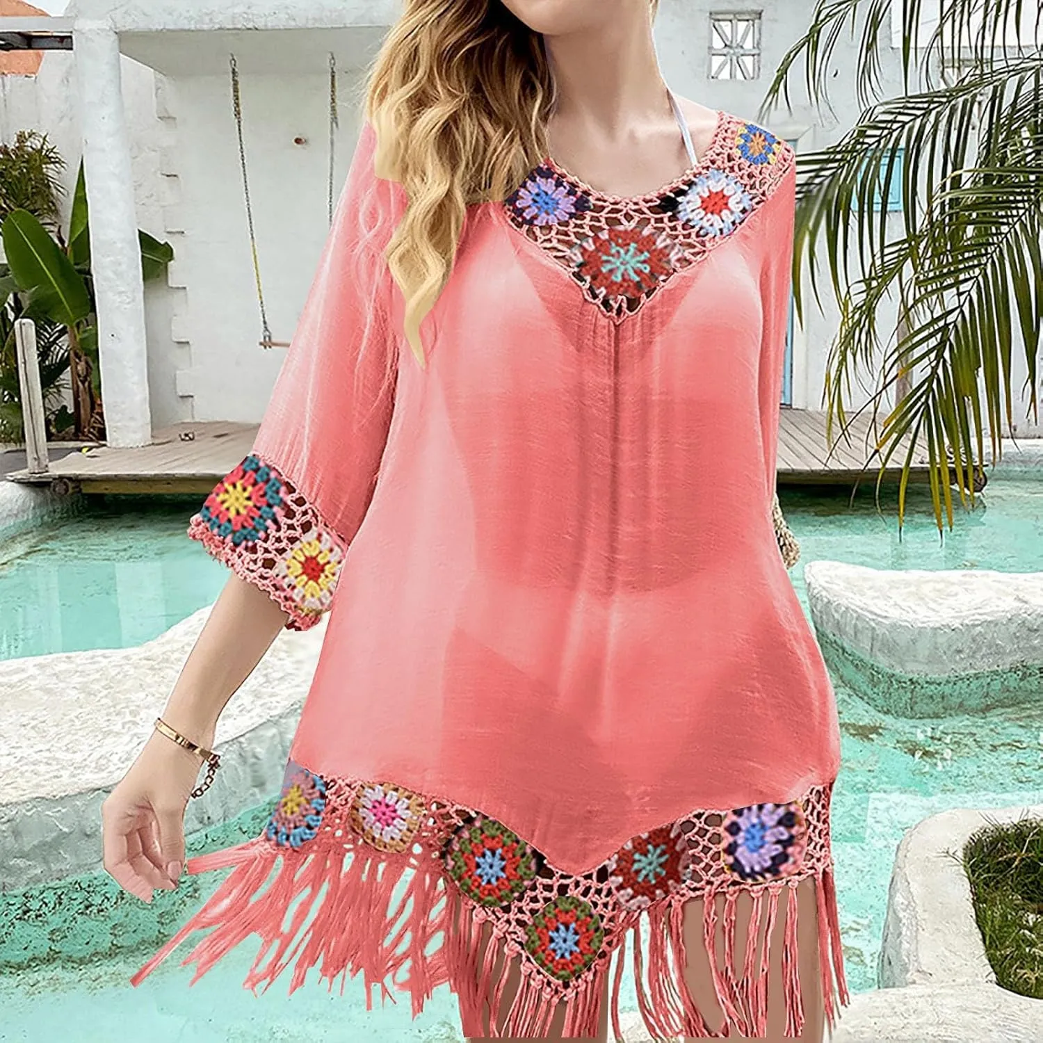Womens Beach Cover up Crochet Plus Size Summer Dresses Casual Resort Wear Bathing Suit Cover up Sexy V Neck Swimwear