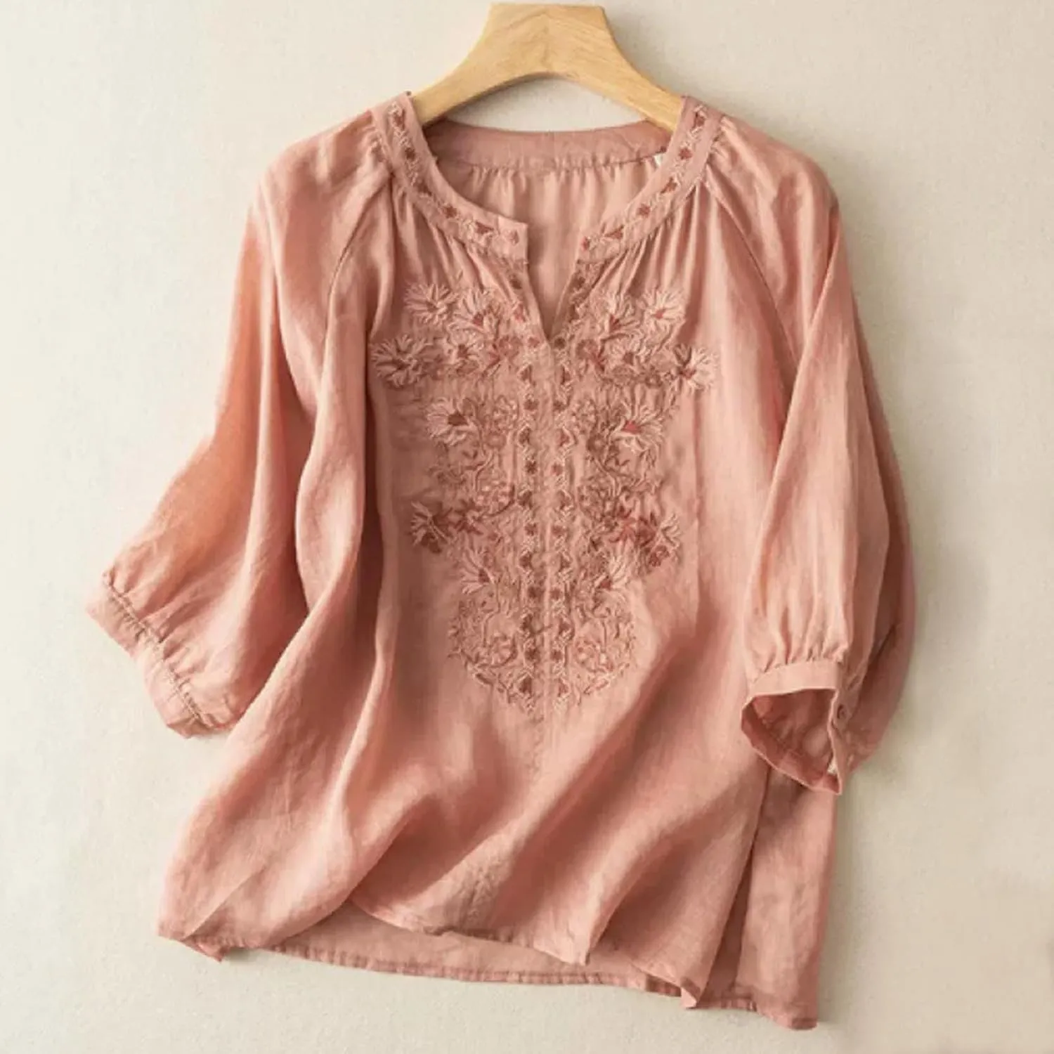 Women's Cotton Linen Short Sleeve Shirts Summer Boho Tops Loose Crew Neck Casual T-Shirt Vintage Embroidered Blouse