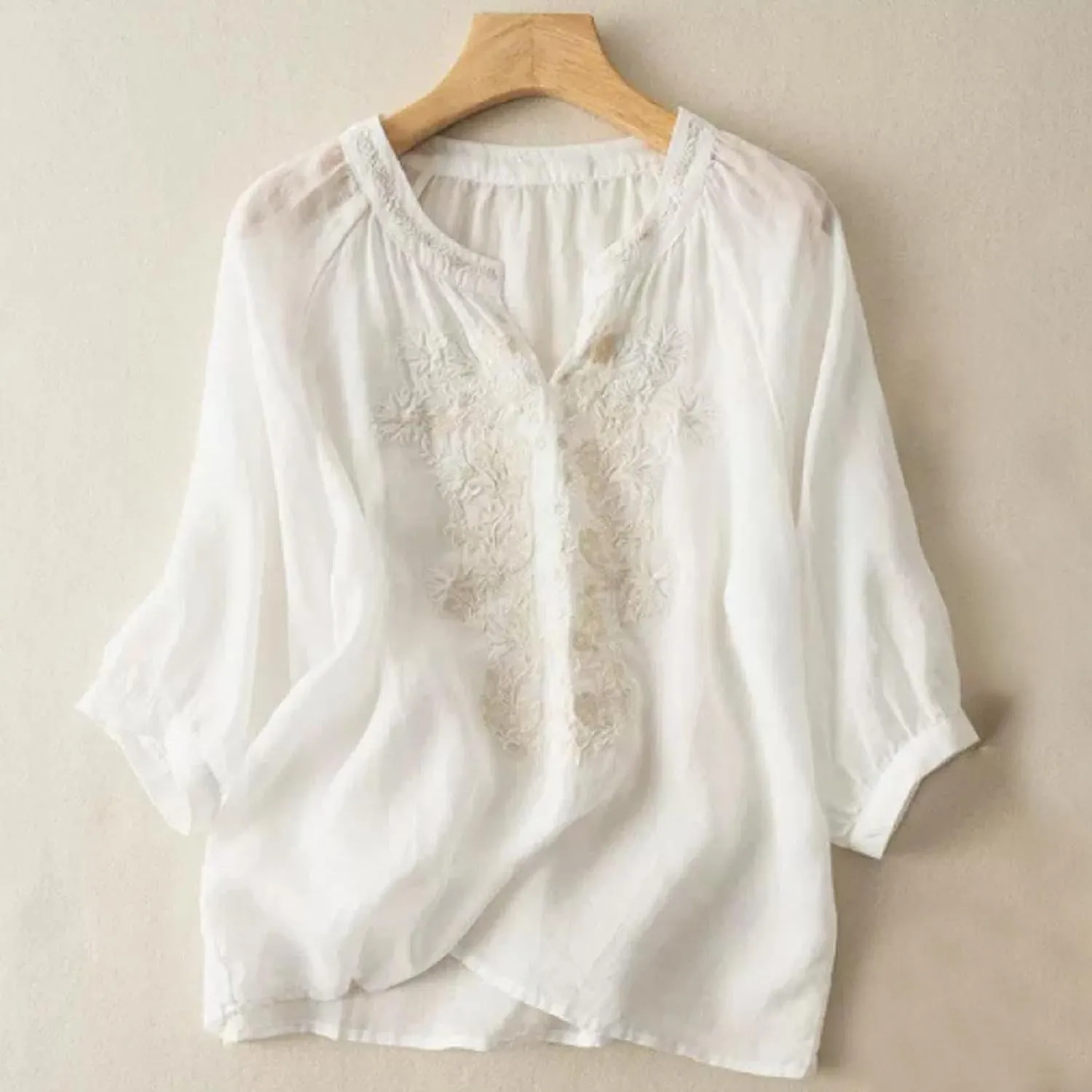 Women's Cotton Linen Short Sleeve Shirts Summer Boho Tops Loose Crew Neck Casual T-Shirt Vintage Embroidered Blouse