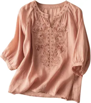 Women's Cotton Linen Short Sleeve Shirts Summer Boho Tops Loose Crew Neck Casual T-Shirt Vintage Embroidered Blouse
