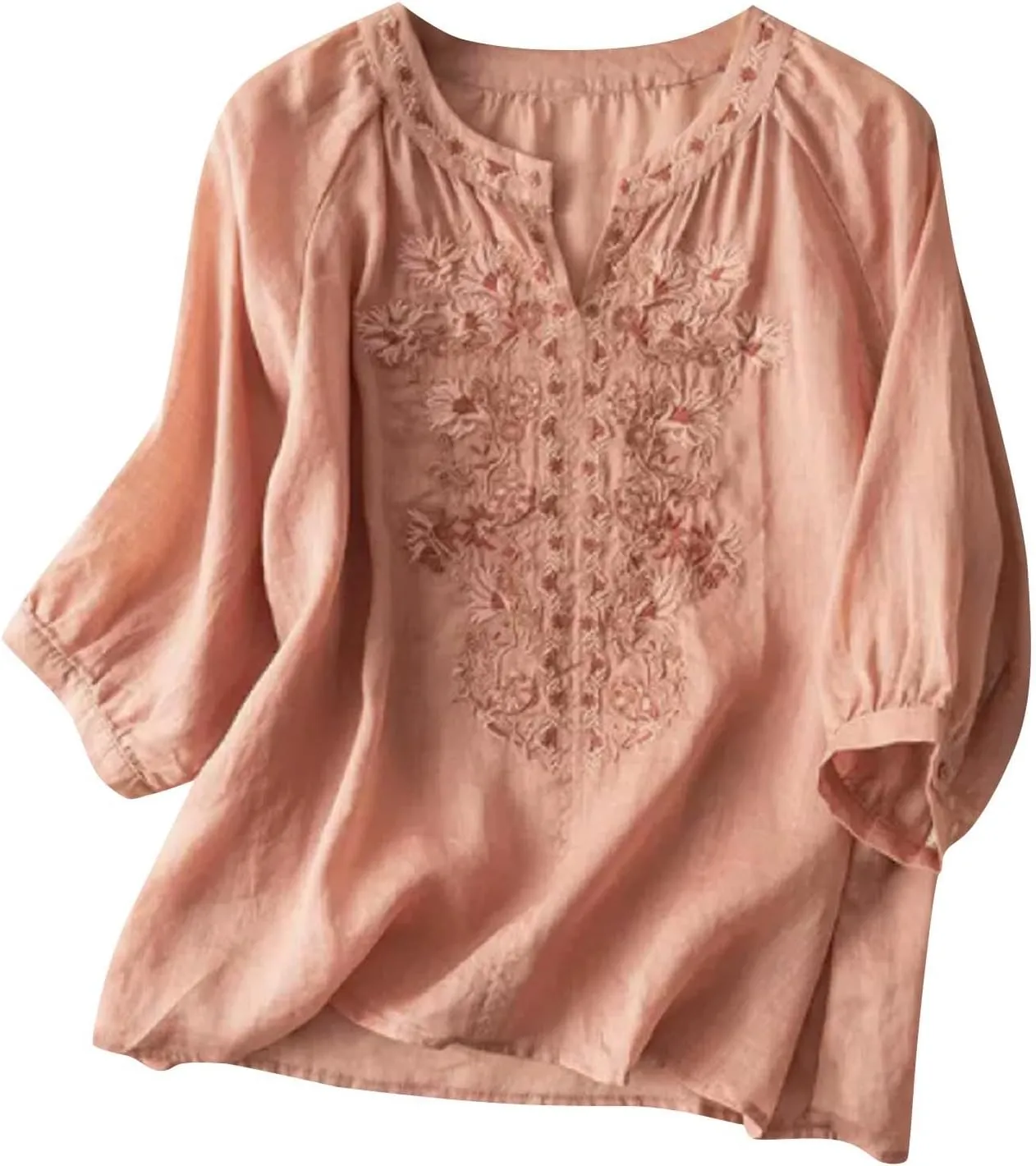 Women's Cotton Linen Short Sleeve Shirts Summer Boho Tops Loose Crew Neck Casual T-Shirt Vintage Embroidered Blouse