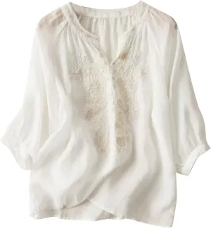 Women's Cotton Linen Short Sleeve Shirts Summer Boho Tops Loose Crew Neck Casual T-Shirt Vintage Embroidered Blouse