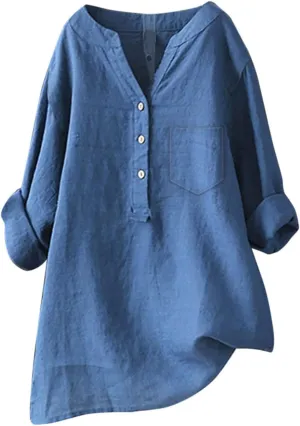 Womens Linen Gauze Shirts 2025 Summer 3/4 Sleeve Button Down Henley Neck Tops Dressy Casual Beach Y2k Blouses Tunics