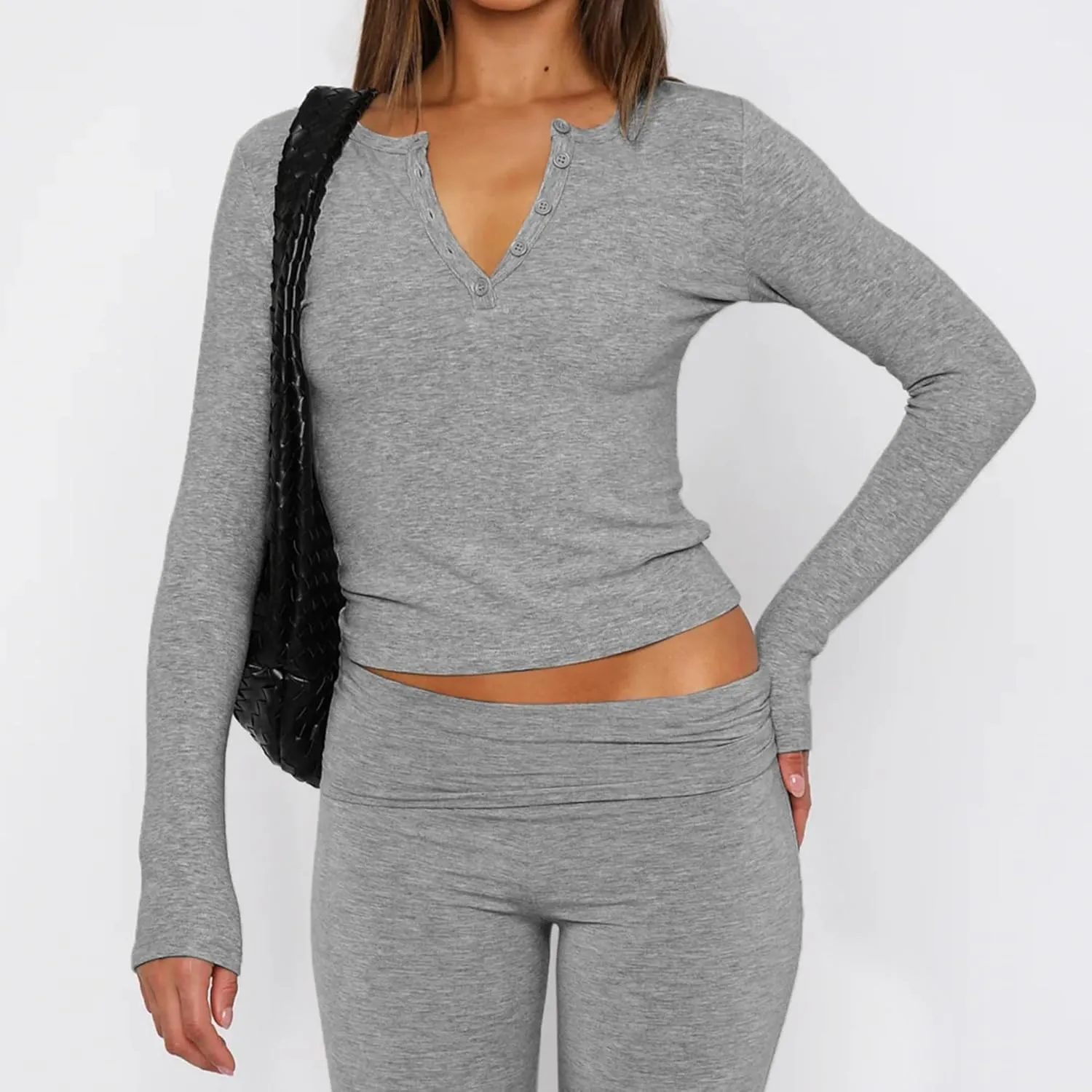 Women's Long Sleeve Shirts V-Neck Slim Fit Stretchy Solid Shirt Cropped Tops